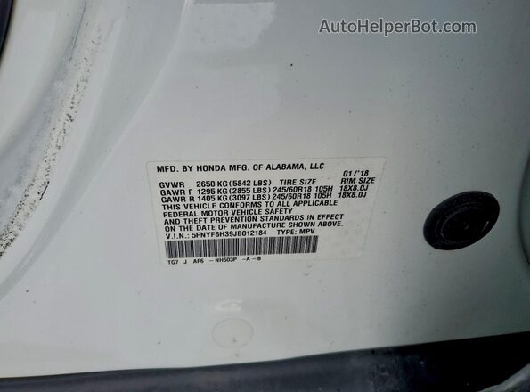 5FNYF6H39JB012184 2018 HONDA PILOT Белый 