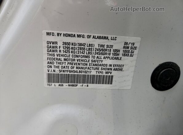 5FNYF6H54LB010217 2020 HONDA PILOT White Vista interior de 360 grados