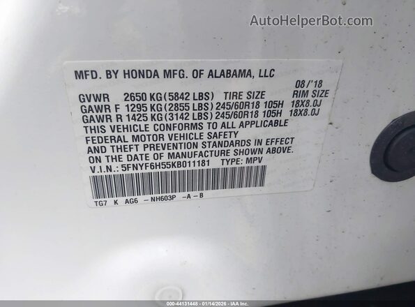 5FNYF6H55KB011181 2019 HONDA PILOT White 