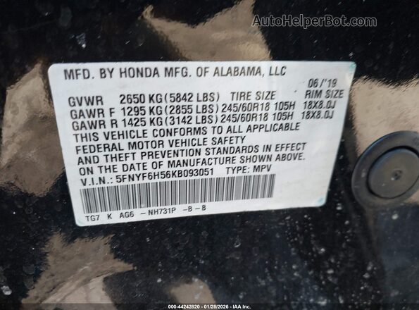 5FNYF6H56KB093051 2019 HONDA PILOT Black Вид підкапотного простору