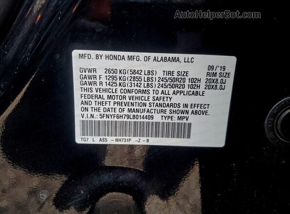 5FNYF6H79LB014409 2020 HONDA PILOT Black VIN კოდის სტიკერის ხედი