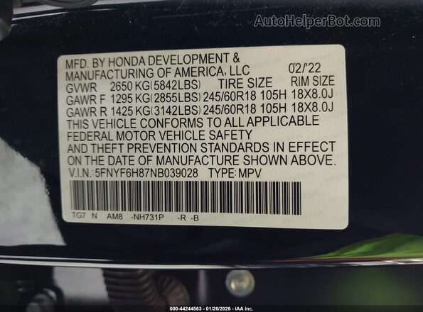5FNYF6H87NB039028 2022 HONDA PILOT Black Вид підкапотного простору