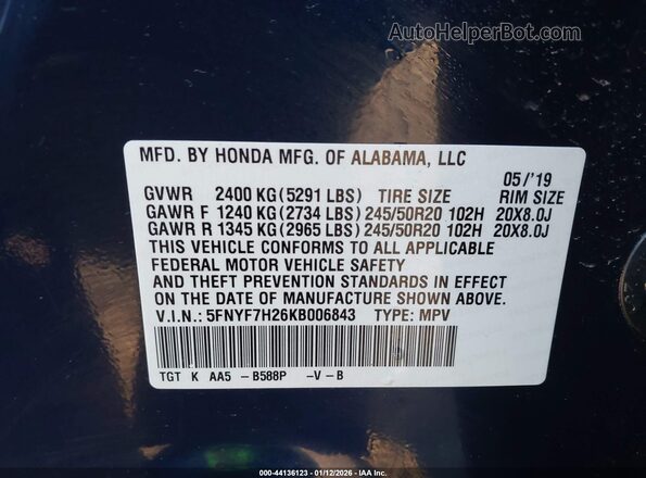 5FNYF7H26KB006843 2019 HONDA PASSPORT Dark Blue Widok komory silnika