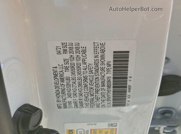 5FNYF7H51MB008416 2021 HONDA PASSPORT White VIN կոդի պիտակի տեսք