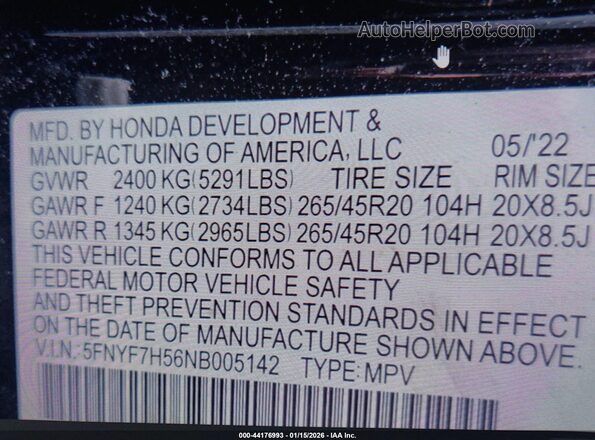 5FNYF7H56NB005142 2022 HONDA PASSPORT  Вид подкапотного пространства