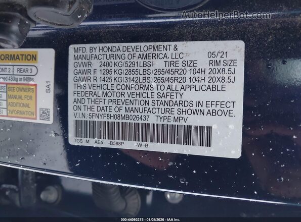 5FNYF8H08MB026437 2021 HONDA PASSPORT Blue 