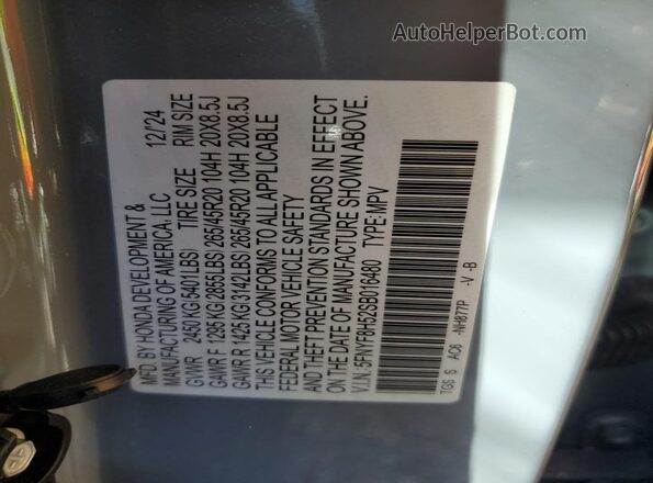 5FNYF8H52SB016480 2025 HONDA PASSPORT Gray Vista de la etiqueta del VIN