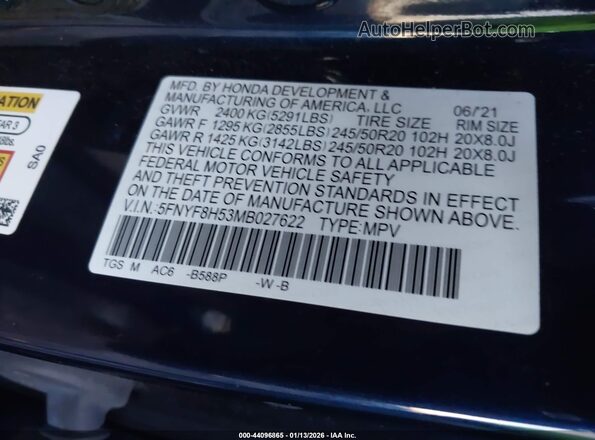 5FNYF8H53MB027622 2021 HONDA PASSPORT Dark Blue Engine compartment view