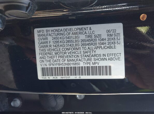 5FNYF8H53NB016850 2022 HONDA PASSPORT Черный Вид подкапотного пространства