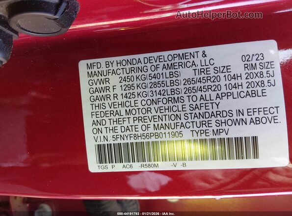 5FNYF8H56PB011905 2023 HONDA PASSPORT Red 