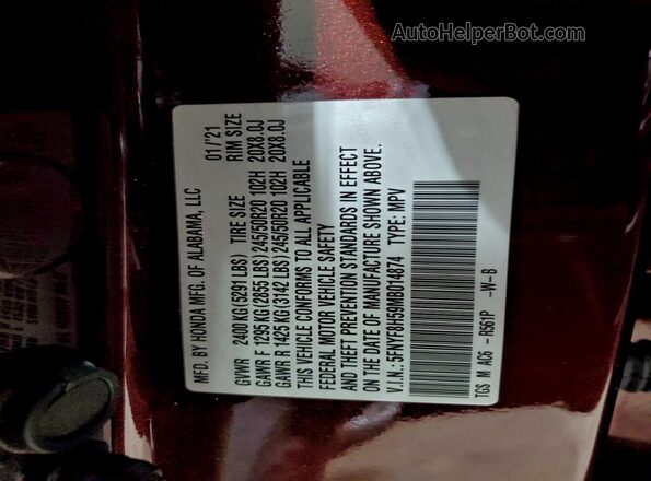 5FNYF8H59MB014874 2021 HONDA PASSPORT Burgundy 