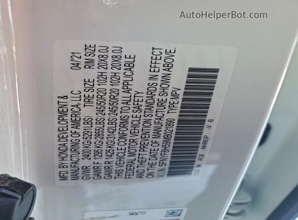 5FNYF8H59MB021890 2021 HONDA PASSPORT White Widok naklejki z numerem VIN