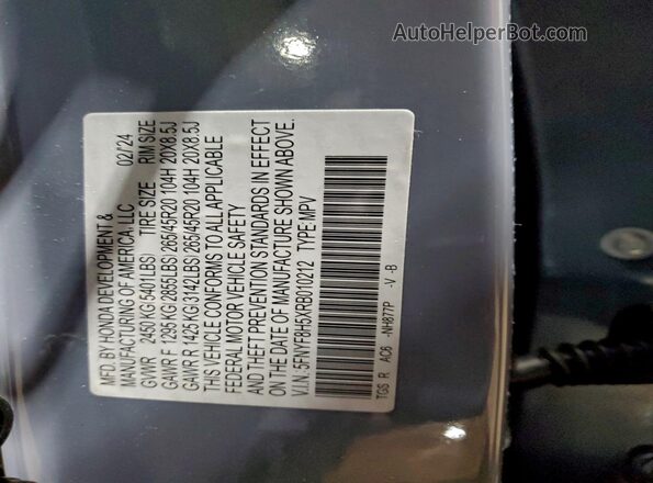 5FNYF8H5XRB010212 2024 HONDA PASSPORT Gray Widok naklejki z numerem VIN