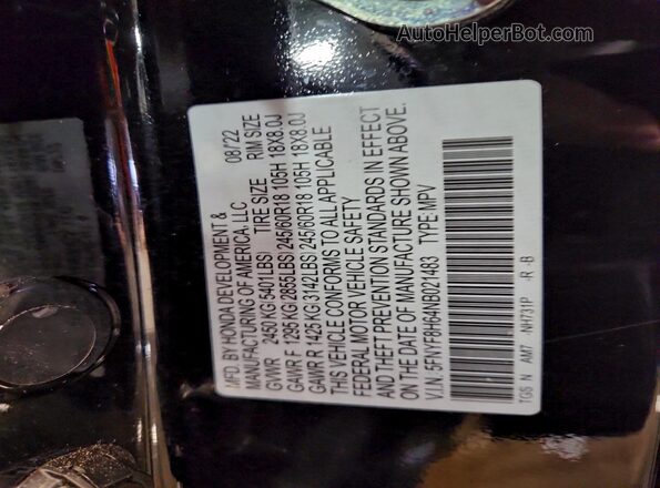 5FNYF8H64NB021483 2022 HONDA PASSPORT Black Widok naklejki z numerem VIN