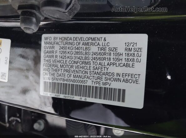 5FNYF8H65NB000657 2022 HONDA PASSPORT Black ძრავის განყოფილების ხედი