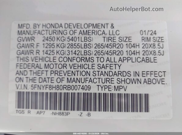 5FNYF8H80RB007409 2024 HONDA PASSPORT White Widok komory silnika