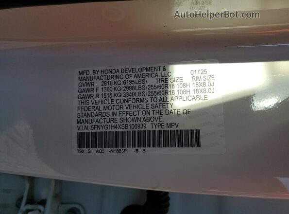 5FNYG1H4XSB106939 2025 HONDA PILOT White Vista de la etiqueta del VIN
