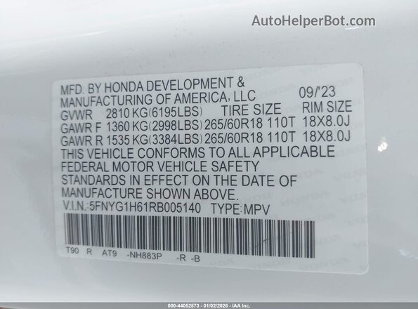 5FNYG1H61RB005140 2024 HONDA PILOT White Вид підкапотного простору