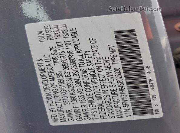 5FNYG1H64SB026330 2025 HONDA PILOT Серый Вид наклейки с VIN-кодом