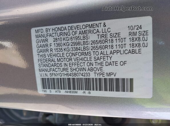 5FNYG1H64SB074233 2025 HONDA PILOT Silver 