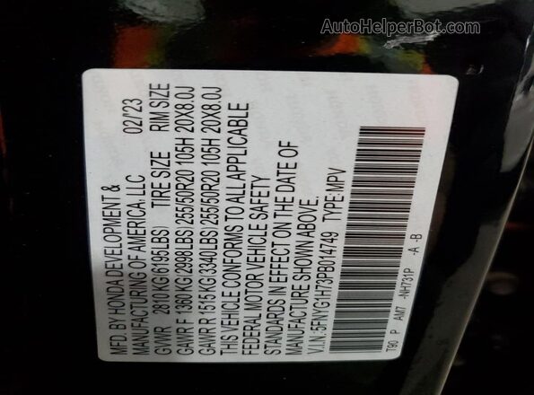 5FNYG1H73PB014749 2023 HONDA PILOT Black VIN sticker view