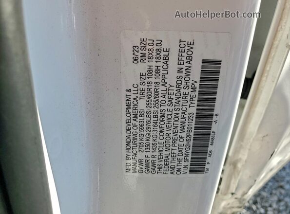 5FNYG2H52PB011233 2023 HONDA PILOT White Панорамний вид салону 360°