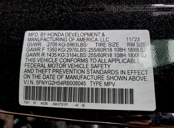 5FNYG2H54RB008045 2024 HONDA PILOT Black Widok wnętrza 360 stopni