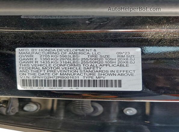 5FNYG2H72RB001631 2024 HONDA PILOT Black Widok naklejki z numerem VIN