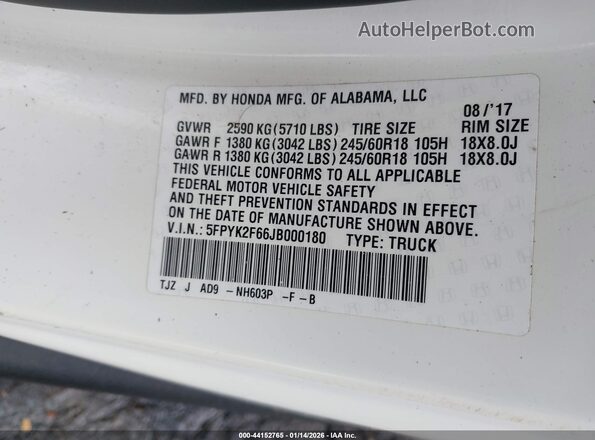5FPYK2F66JB000180 2018 HONDA RIDGELINE White Շարժիչի բաժամունքի տեսք