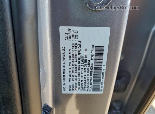 5FPYK3F14MB009989 2021 HONDA RIDGELINE Silver VIN კოდის სტიკერის ხედი