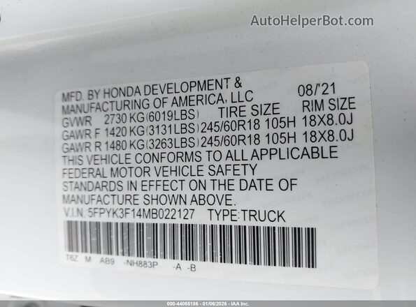 5FPYK3F14MB022127 2021 HONDA RIDGELINE White 