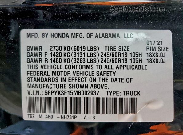 5FPYK3F15MB002937 2021 HONDA RIDGELINE Black VIN კოდის სტიკერის ხედი
