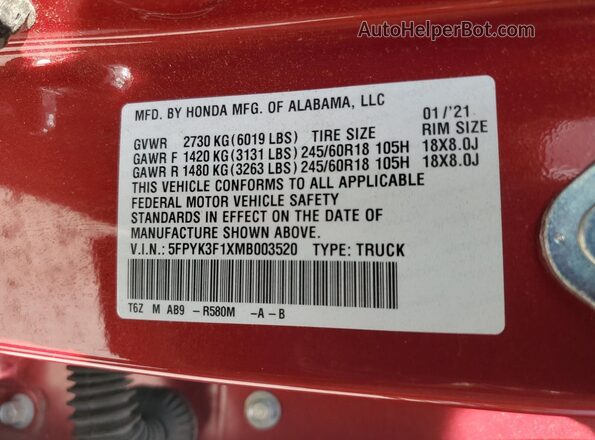5FPYK3F1XMB003520 2021 HONDA RIDGELINE Red Вид підкапотного простору
