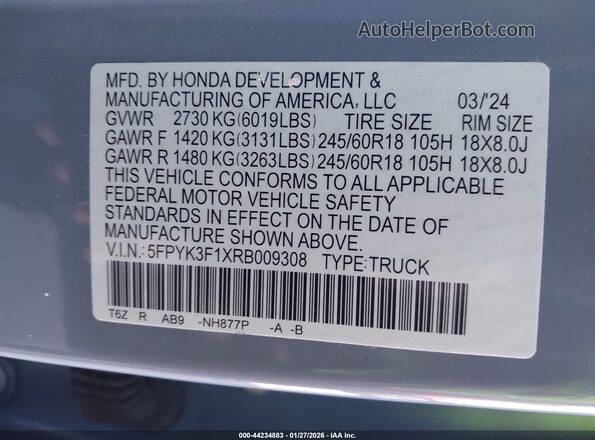 5FPYK3F1XRB009308 2024 HONDA RIDGELINE Gray Widok komory silnika