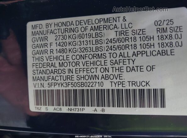 5FPYK3F50SB022710 2025 HONDA RIDGELINE Black 