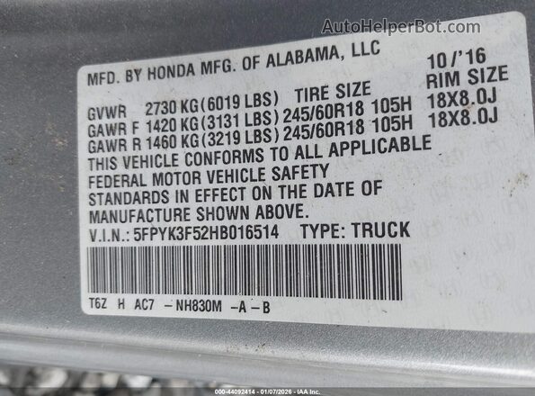 5FPYK3F52HB016514 2017 HONDA RIDGELINE Silver Вид підкапотного простору