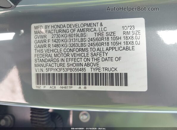 5FPYK3F53PB056485 2023 HONDA RIDGELINE Gray VIN sticker view