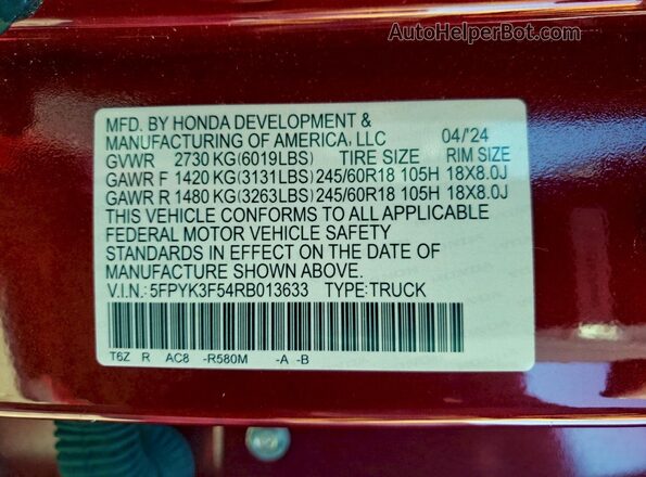5FPYK3F54RB013633 2024 HONDA RIDGELINE Red Widok komory silnika