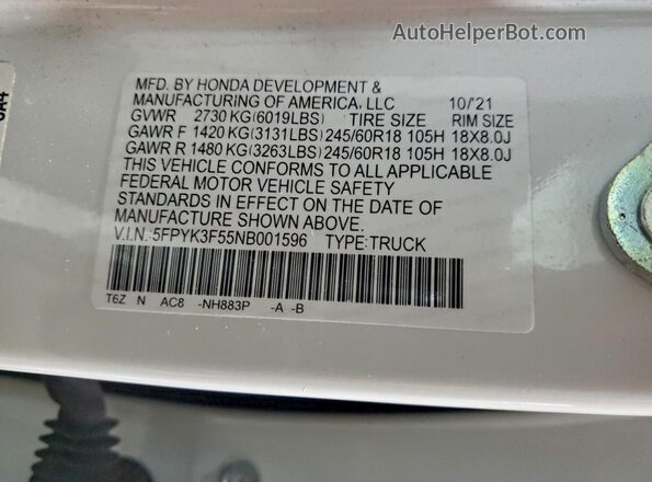5FPYK3F55NB001596 2022 HONDA RIDGELINE White 