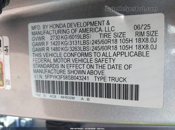 5FPYK3F58SB043241 2025 HONDA RIDGELINE Silver 
