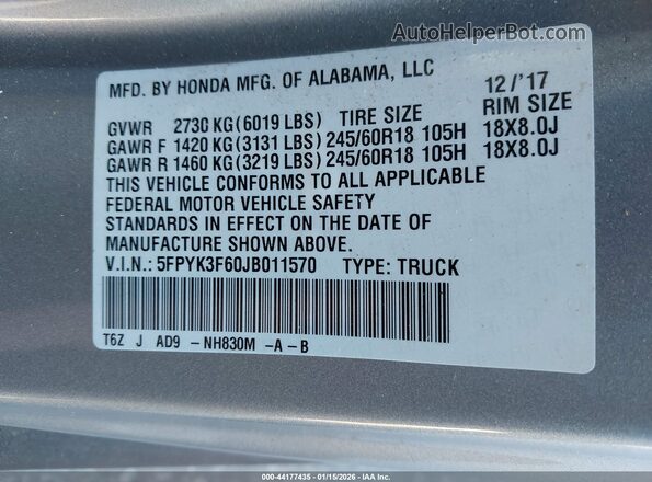 5FPYK3F60JB011570 2018 HONDA RIDGELINE Silver Շարժիչի բաժամունքի տեսք