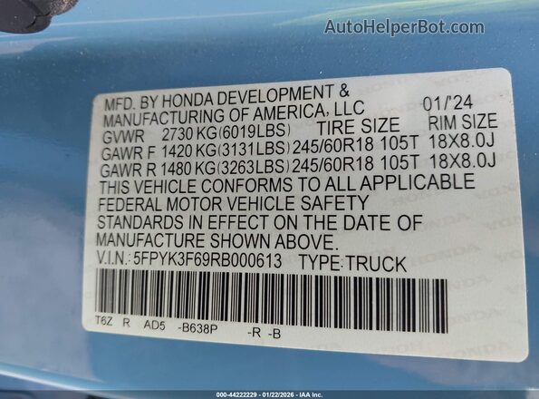 5FPYK3F69RB000613 2024 HONDA RIDGELINE Blue Engine compartment view