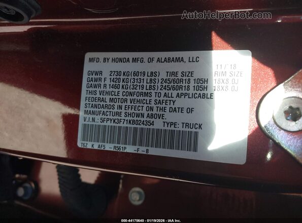 5FPYK3F71KB024354 2019 HONDA RIDGELINE Burgundy Շարժիչի բաժամունքի տեսք