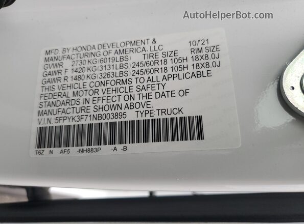 5FPYK3F71NB003895 2022 HONDA RIDGELINE White Շարժիչի բաժամունքի տեսք