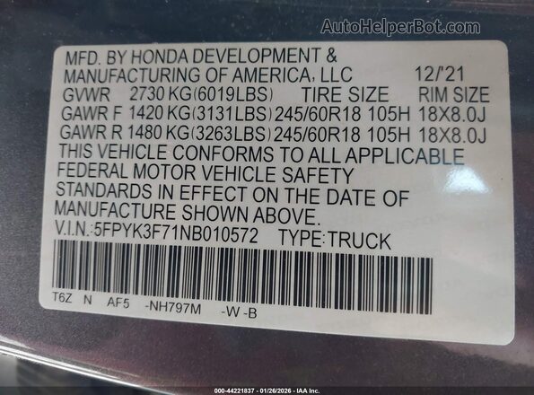 5FPYK3F71NB010572 2022 HONDA RIDGELINE Gray Շարժիչի բաժամունքի տեսք