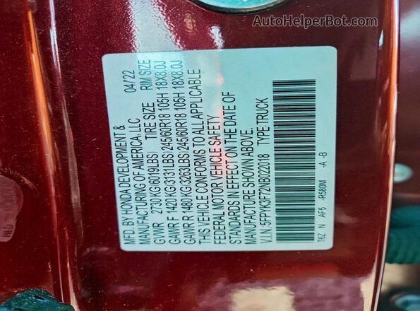 5FPYK3F72NB022018 2022 HONDA RIDGELINE Red ძრავის განყოფილების ხედი