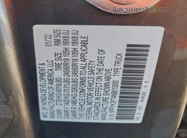 5FPYK3F74NB013000 2022 HONDA RIDGELINE Gray Widok komory silnika