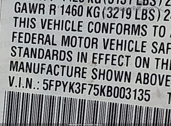 5FPYK3F75KB003135 2019 HONDA RIDGELINE White Вид підкапотного простору