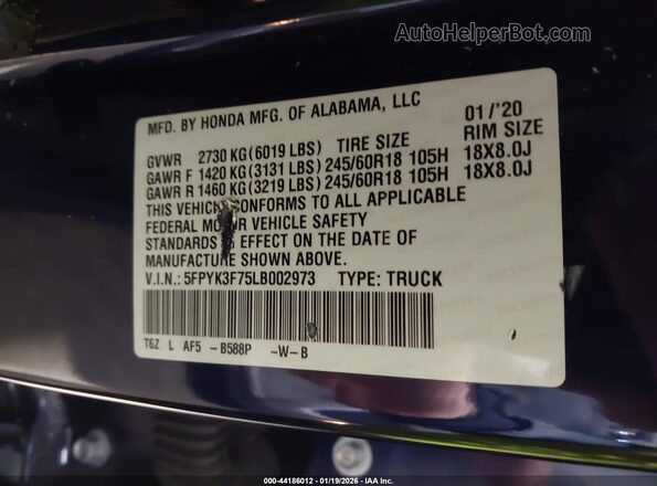 5FPYK3F75LB002973 2020 HONDA RIDGELINE Blue Widok komory silnika