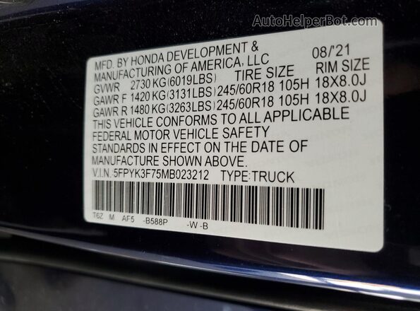 5FPYK3F75MB023212 2021 HONDA RIDGELINE Blue Vista del compartimento del motor